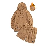Generisch Traje de casa para hombre, juego de chándal de forro polar, traje de chándal monocolor, traje deportivo de terciopelo, 2 piezas, franela con capucha, pantalones cortos, traje de ocio, manga
