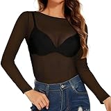 Camiseta de malla transparente para mujer, camiseta sexy de manga larga, camiseta transparente, blusa de malla transparente, túnica, informal, ropa de fiesta, tops, Negro , M