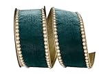 Reliant Ribbon - Cinta de terciopelo de felpa perlado de lujo con borde metálico, color verde azulado