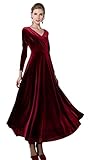 Urban GoCo Mujeres Vestidos Terciopelo Largo Elegante V-Cuello Manga Larga Maxi Vestidos para Cóctel Fiesta (S, Vino Rojo)