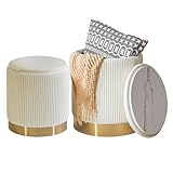 IBUYKE Conjunto de 2 sillas otomanas Redondas con Adornos de Almacenamiento y Anillos metálicos,Taburete de Terciopelo para Maquillaje,Asiento Acolchado Moderno,Taburete para Pedales,Blanco WBD016W