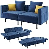 Yaheetech Sofá Cama de Terciopelo 2 Plazas, Sofá Convertible 171x80x72cm con 4 Almohadas, Sofá Apoyabrazos y Respaldo Ajustable para Sala de Estar, Dormitorio y Gabinete, Azul