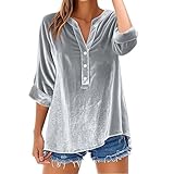 Blusa de terciopelo de manga larga para mujer, elegante, lisa, cuello Henley, con botones, estilo retro, suave, relajado, casual, cómoda, transpirable, para uso diario, fin de semana, gris, 4XL