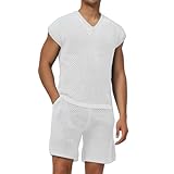 Generisch Conjunto de verano holgado, traje deportivo de 2 piezas, camiseta sin mangas, chaleco y pantalones cortos, monocolor, deportivo, traje de playa, cuello en V, camiseta de punto y pantalones