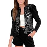 2026 Chaqueta de entretiempo Chaqueta corta casual para mujer con retazos de pana con purpurina, ropa de abrigo de moda para invierno, Negro , S