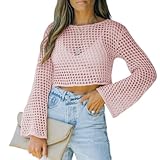 WLLDDDIU Blusa de Punto Hueca de Mujer de Manga Larga de Campana Blusa de Ganchillo Holgada Ligera de Verano Camiseta Transparente de Malla Transparente de Verano Cubierta Transpirable de Cuello Red