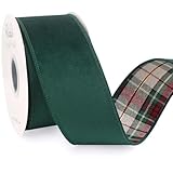 Ribbli Cinta de terciopelo verde bosque con alambre reversible a cuadros de 2.5 pulgadas para envolver regalos, decoración de árbol de Navidad, manualidades, coronas, suministros, continuo, 10 yardas