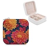 Jubonexis Joyero pequeño con diseño de flores de crisantemos amarillo y rojo, organizador de joyas, portátil, de piel sintética, mini estuche de viaje