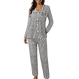 Pantalones De Pijama Largo Y Fluido Mujer Pijamas Mujer Invierno Manga Larga Gran Tamaño Conjunto Con Patrón Plaid Pijamas Casual Ropa De Dormir Hogar Diario Conjunto, Negro , XXL