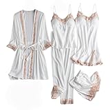 Conjunto de pijama de terciopelo para mujer, 5 piezas, bata, pantalones cortos y pantalones, conjunto de lencería de terciopelo con ribete de encaje, blanco, XXL