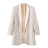 Blazer Mujer,Blazers para Mujer Blazer De Lentejuelas con Frente Abierto Chaqueta De Traje con Cuello De Solapa Y Purpurina Chaqueta De Traje para Mujer con Mangas Fruncidas 3/4 Cárdigan Brillante