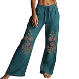 Pantalones de pierna ancha para mujer, bordados de lino, pantalones estampados vintage, cintura elástica, ajuste holgado, pantalones de trabajo, bohemios, cómodos, casuales, azul marino, 3XL