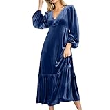 Vestido largo elegante e informal para mujer, cuello en V, cintura ajustada, manga abombada, terciopelo con volantes, uso diario, azul oscuro, S