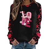 Generisch Sudadera para mujer sin casual manga larga Top con gráfico de San Valentín Cuello redondo (negro, M)