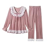 Conjuntos de pijama de mujer de invierno largo de terciopelo, salón de 2 piezas suave y cálido: camisa de manga larga con cuello en V con encaje y volantes y pantalones de cintura elástica, ropa de