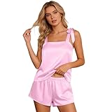 Generisch Conjunto de pijama de satén para mujer, 2 piezas, camiseta sin mangas con lazo y pantalones cortos, ropa de dormir de seda cómoda para mujeres, novia, fiesta, ropa de noche, uso diario
