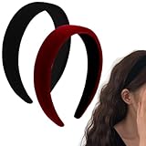 2 piezas diademas de terciopelo para mujer, diademas simples y sólidas retro vintage para mujeres y niñas (negro/burdeos)