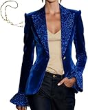 Chaqueta de terciopelo con estampado de leopardo y manga larga abombada con solapa y cuello en V para mujer, chaqueta casual ajustada con solapa de muesca de un solo botón, azul, XXL