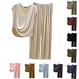 Pijama Mujer Satén Manga Corta Conjunto Pijama Mujer Verano Pantalones Camiseta, Cuello en V Manga Corta Camiseta Color Sólido Pijamas Modal Loungewear Casual Grande Ropa De Dormir 2 Piezas, beige, XL