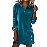 Vestido de terciopelo para mujer, de manga larga, con botones, con lentejuelas y bolsillos laterales, ropa casual para fiestas de vacaciones, azul oscuro, M