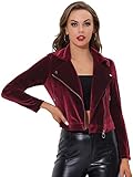 Allegra K Chaqueta de motociclista con cremallera y cuello de solapa de terciopelo para mujer, rojo vino, XL