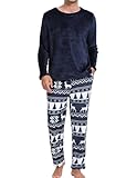 Yukiuiny Pijamas Terciopelo Hombre Polar Suaves Grueso Cuadros Invierno Forro Camiseta Pantalón Elástico Sety Ropa de Dormir Manga Larga Entretiempo Tops Cómodo Regalos Azul Marino+Navidad XXL