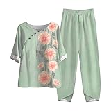 Conjunto de chándal para mujer, 2 piezas, para el tiempo libre, para mujer mayor, trajes de verano, ropa de lino, botones, tops y pantalones, talla 46