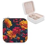 Jubonexis Joyero pequeño con patrón floral amarillo y rojo vibrante, organizador de joyas, portátil, de piel sintética, mini estuche de viaje