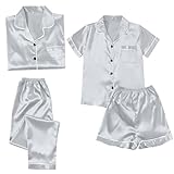 Pijamas de satén genérico para mujer y hombre, 4 piezas, pantalón largo, conjunto de pijamas de manga corta de seda helada, camisones sexy chic y elegante, ropa de dormir con botones baratos, gris, M