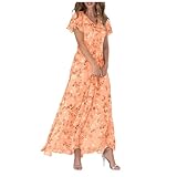 Vestidos de mujer Swing vestido largo gasa flores manga corta volantes cuello en V moda cintura vestido fluido vestidos vestidos, naranja, L