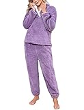 TOMEEK Conjuntos de Pijamas Mujer de Forro Polar Cálida y de Lana Suave Pijama Mujer Invierno Pijama Polar Niñas Camiseta y Pantalones Pijamas, Violeta, Talla L