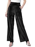 Pantalones de terciopelo para mujer, elásticos, de cintura alta, palazzo, sueltos, con bolsillos, pantalones de pierna ancha, tela elástica suave, perfectos para cualquier ocasión, Negro, 34-36