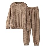 Pijama de franela para mujer liso conjunto pijama invierno elegante terciopelo mujer conjunto franela caliente top grueso jacquard ropa interior casual ropa de dormir 2 piezas Pijamas, caqui, Talla