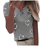 KIMODO Blusa de moda para mujer, blusas de verano, elegantes, de manga larga, cuello en V, encaje, manga larga, estampado de amor, patchwork, gris, 3XL