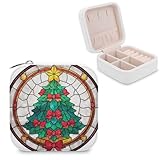 Jubonexis Joyero pequeño con diseño de árbol de Navidad con lazos rojos, estrella amarilla, organizador de joyas, portátil, de piel sintética, mini estuche de viaje
