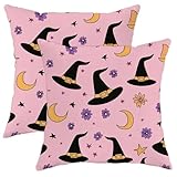 Juego de 2 fundas de almohada de 16 x 16 pulgadas, cómodas fundas de almohada de terciopelo con estampado de bruja de dibujos animados de Halloween con cremallera, divertida decoración infantil para