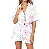 Generisch Pijama corto para mujer, conjunto de pijama de manga corta, pijama de verano holgado, traje de casa de 2 piezas, camisa y pantalones cortos con cordones, cómodo lounge ropa de dormir, traje