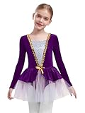 TiaoBug Vestido De Ballet para Patinaje Artístico Niñas Vestido Tutú De Terciopelo Mangas Largas Traje De Actuación De Navidad Morado 7-8 años
