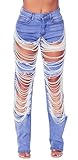 Recious Pantalones de Mezclilla para Mujer, Sexy, Rasgados, Desgastados, con Diamantes de imitación destruidos, Cadena de Perlas, para Fiesta, Club, Pantalones de Mezclilla, Azul/Claro, Large
