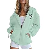 Sudadera con capucha para mujer, de gran tamaño, manga larga, estampado de árbol de coco, ajuste holgado, casual, con bolsillo, para otoño e invierno, ropa de descanso esencial, 1 verde menta., XXL