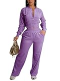 Nimsruc Conjunto deportivo de terciopelo de 2 piezas para mujer, con cremallera, estilo corto, conjunto de chándal de terciopelo a juego para mujer, 3916-morado, Medium