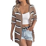 Suéteres de punto ahuecados para mujer, cárdigan de punto con frente abierto, manga larga, a rayas, cárdigan informal para otoño e invierno, café, L