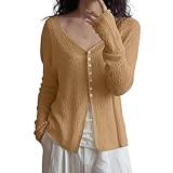 Generisch Nuevo 2026 Cárdigan de manga larga holgado, ligero y transpirable, camiseta informal con ajuste entallado, ideal para prendas de punto informales para mujer, caqui, L