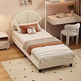 JiaOyu Cama individual 90 x 200 cm, cama infantil acolchada con somier para niñas, cama tapizada con cabecero ajustable para habitación infantil, sin colchón (compartimentos beige)