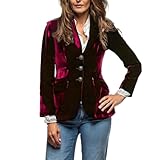 Chaqueta vintage de terciopelo para mujer, cuello en V, traje de oficina, ajustado, con abertura, manga larga, abrigo elegante, Rojo, Large