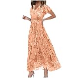 Vestidos de mujer Swing Vestido largo de gasa con flores de manga corta con volantes con cuello en V a la moda cintura vestido fluido vestidos, naranja, S