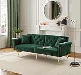 Sofá cama moderno de 2 plazas, funda de terciopelo, respaldo con ajuste de 3 niveles y patas de metal doradas con función de descanso, ahorra espacio, 173 x 75 x 70 cm (verde)