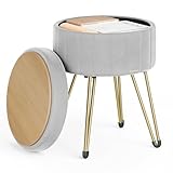 SONGMICS Puff Almacenaje, Baul Almacenaje, Banco Almacenaje Redondo, Taburete de Tocador de Terciopelo, 39 x 44,4 cm, 4 Patas de Metal, Asiento Acolchado, Gris Paloma LOM003G02