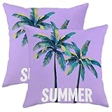 Juego de 2 fundas de cojín con diseño de palmera y hojas tropicales modernas de verano, color violeta con cremallera oculta, fundas de cojín para sala de estar, cama, oficina, sofá, silla, decoración