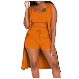 Conjunto de Pantalones Cortos para Mujer Ropa Elástica Casual y Moderna Chaleco sin Mangas Acanalado con Abrigo Sólido 2026 (Orange, XXL)